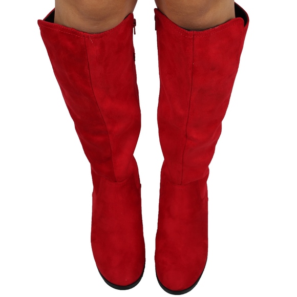 Red faux suede pull on tab knee high boot - Picture 8 of 8